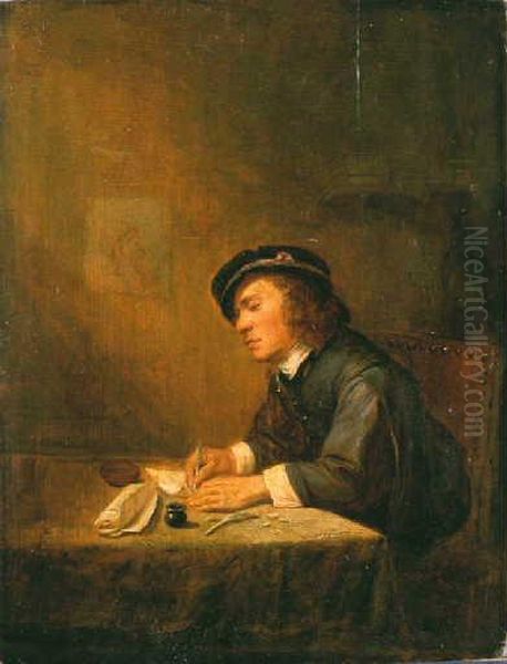 Young man sitting indoors, writing Oil Painting by Joos van Craesbeeck