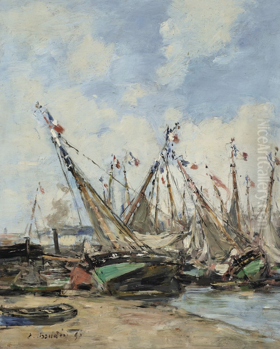 Trouville, le port, voiliers echoues Oil Painting by Eugene Louis Boudin