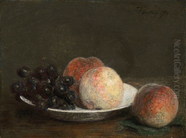 Peaches and grapes in a porcelain bowl Oil Painting by unknown