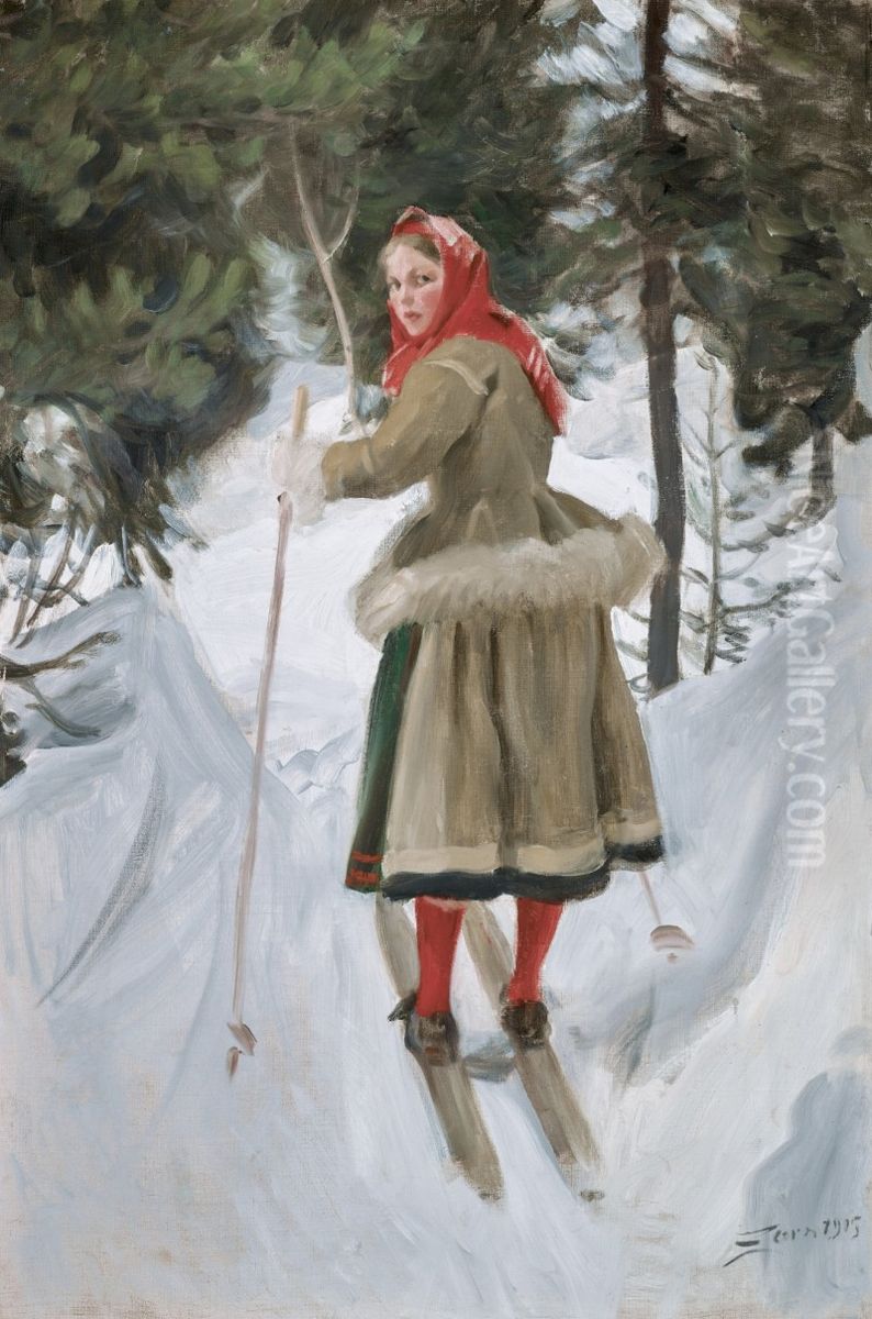 Girl from Mora Skiing Oil Painting by unknown
