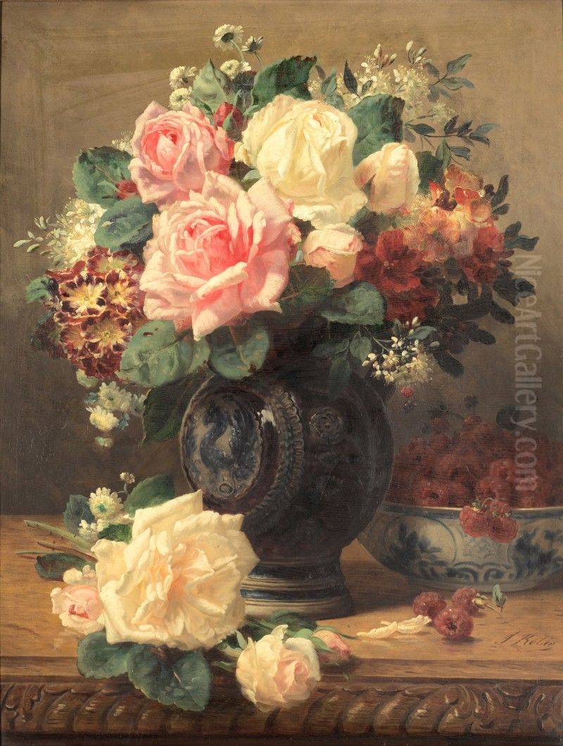 Still Life with Roses and Raspberries Oil Painting by unknown