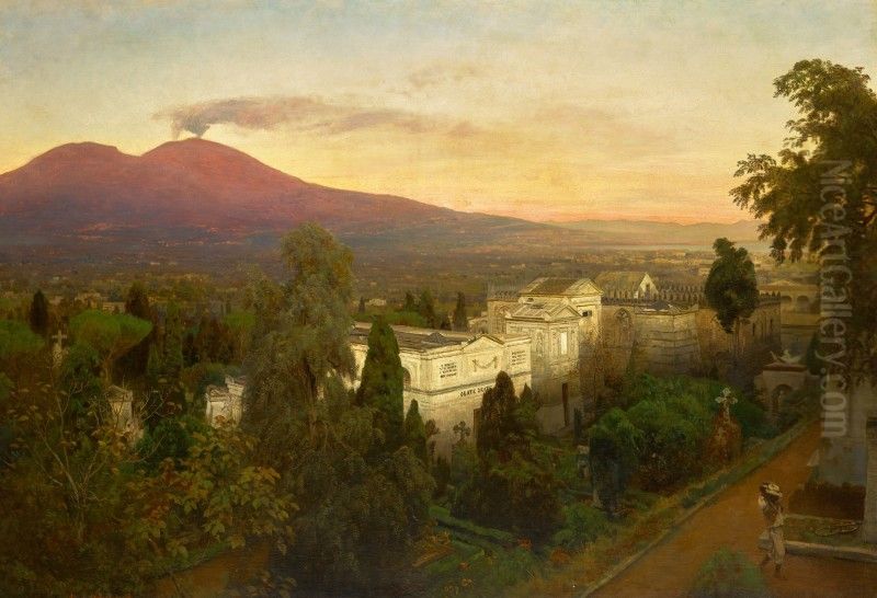Campo Santo in Poggioreale, the Vesuvius Beyond Oil Painting by Oswald Achenbach