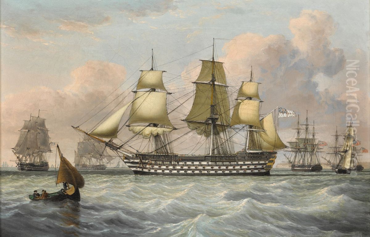 H.M.S. Britannia and Other Shipping Near a Headland Oil Painting by John Ward