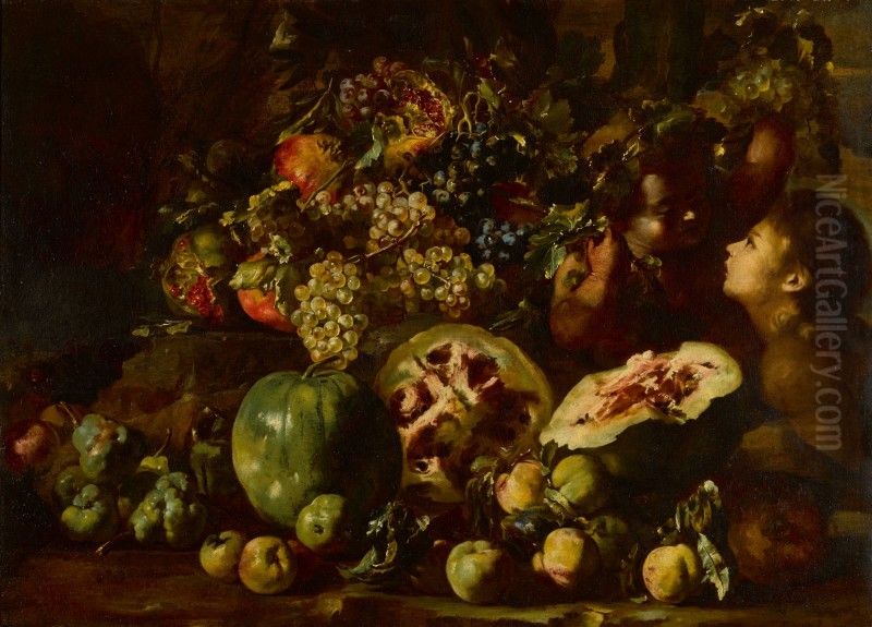 Still life with watermelons, grapes, apples, pomegranates and other fruits, with two children Oil Painting by unknown
