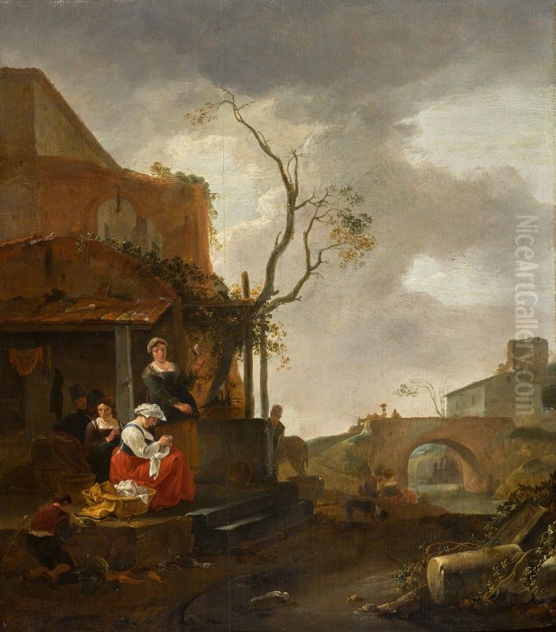 Figures outside a tavern with a woman sewing, travellers on a bridge beyond Oil Painting by unknown