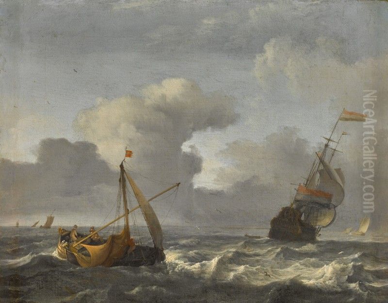 A sailing boat and man-o'-war in choppy waters Oil Painting by Ludolf Bakhuizen