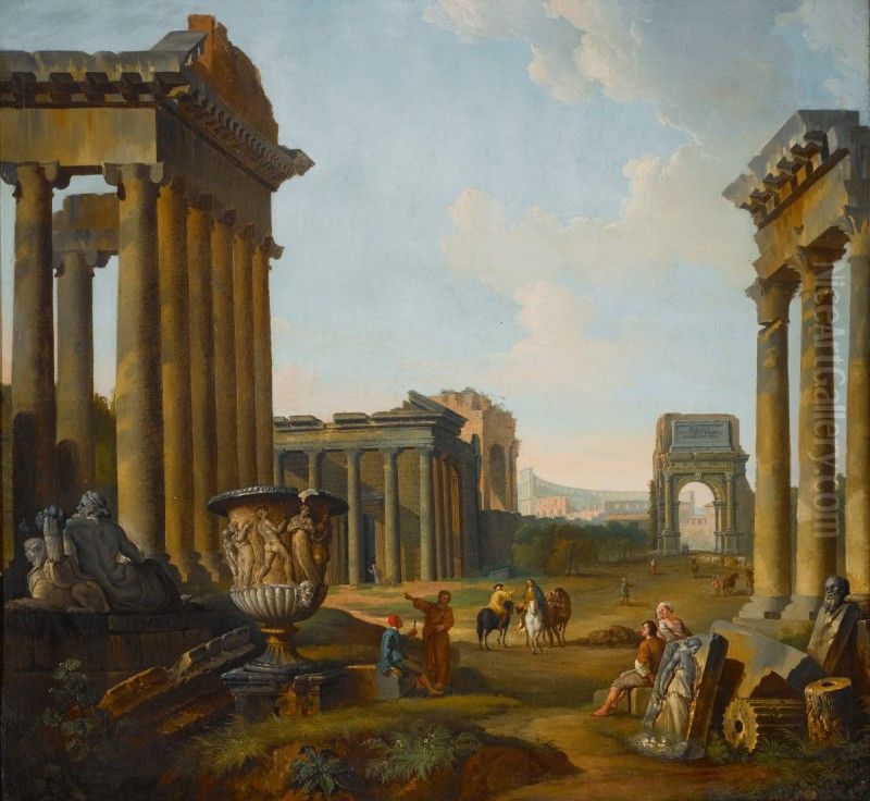 A capriccio of Roman ruins with elements from the Forum, including the Temples of Antoninus and Faustina, and Castor and Pollux, Arch of Titus, and Temple of Saturn Oil Painting by unknown
