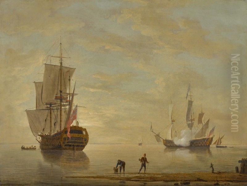 The flagship 'Admiral of the Blue' firing a gun and another two-decker getting underway at dawn, with a self-portrait of the artist coming ashore in the foreground Oil Painting by unknown