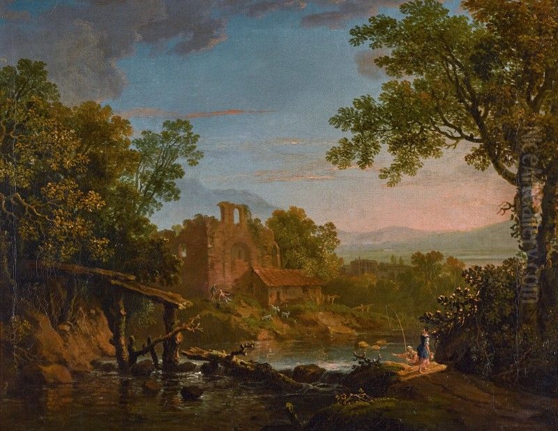 A classical landscape with figures in the foreground, ruins and mountains beyond Oil Painting by unknown