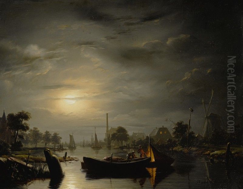 A RIVER LANDSCAPE IN SILVER MOONLIGHT Oil Painting by unknown