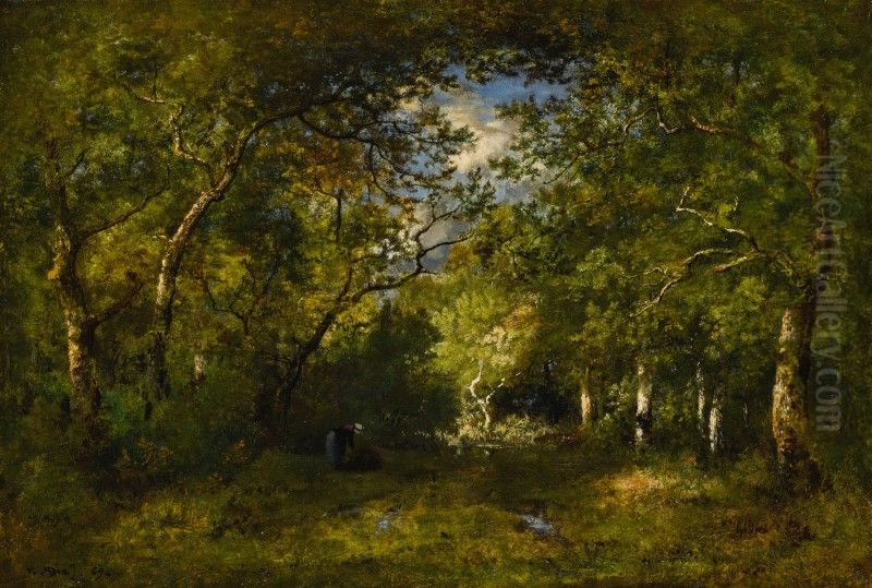 ALLEE EN FORET, BUCHERONNE COURBEE SOUS LE POIDS DE SON FAGOT, TRACES D'EAU Oil Painting by unknown