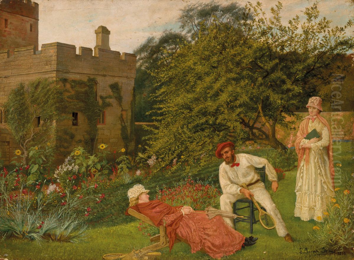 George Howard, 9th Earl of Carlisle, and Rosalind, Countess of Carlisle, seated in the gardens at Naworth Castle, Cumbria, with a companion, standing holding a book Oil Painting by unknown