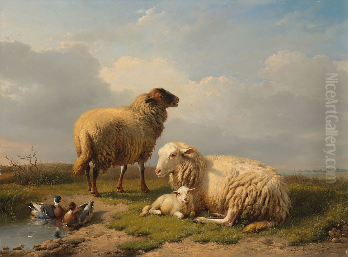 Sheep, Lamb and Ducks by a pond Oil Painting by unknown