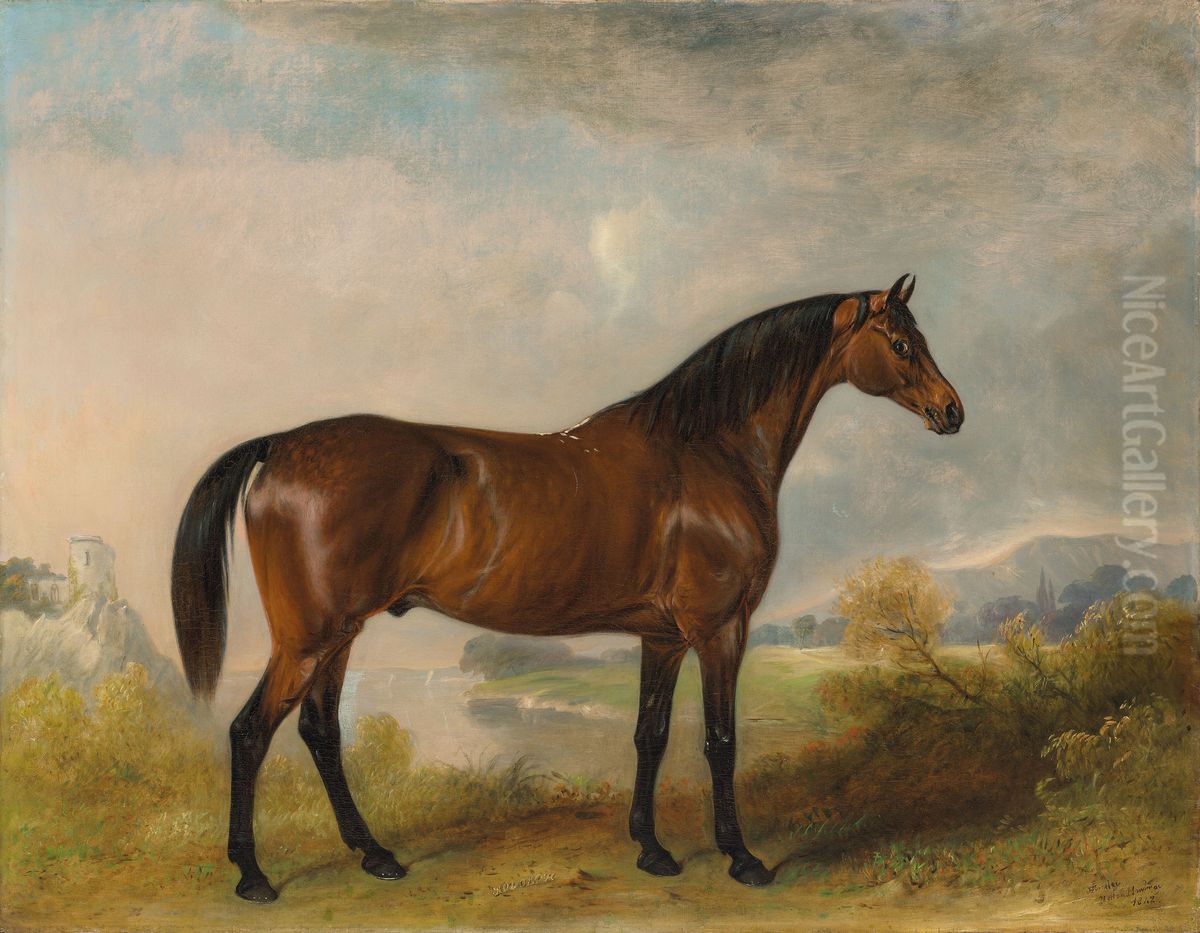 'Rodolph', a bay hunter, in an extensive landscape Oil Painting by unknown