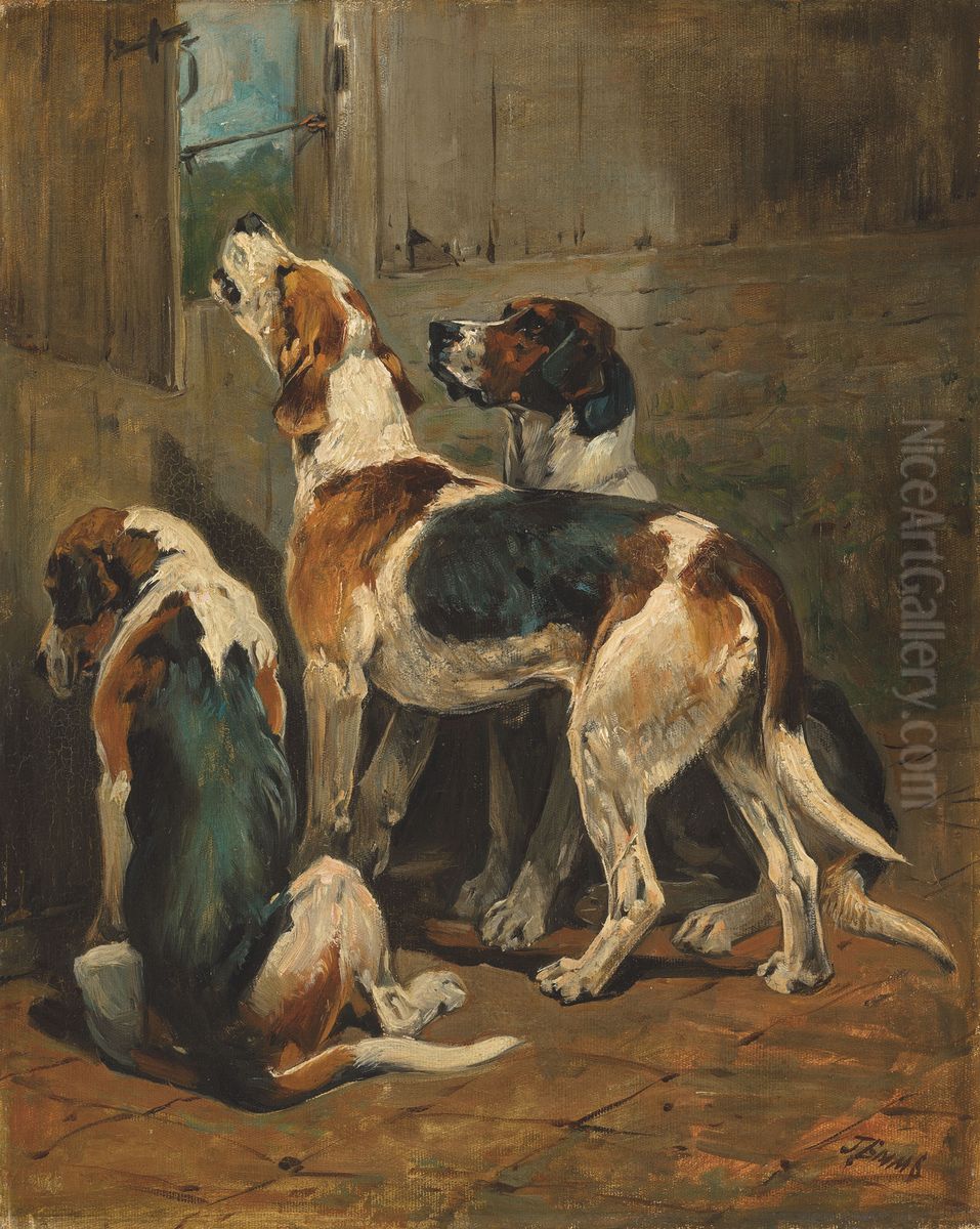 Foxhounds at a kennel door Oil Painting by unknown
