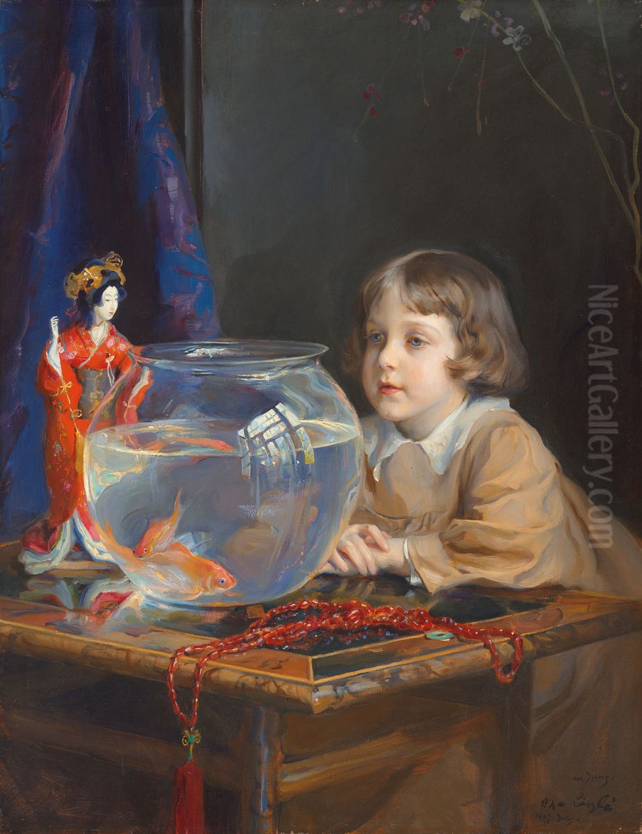 John de Laszlo and a Goldfish Bowl Oil Painting by Philip de Laszlo