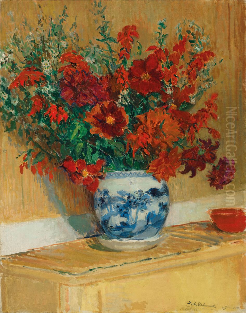 Bouquet de fleurs au vase bleu Oil Painting by unknown