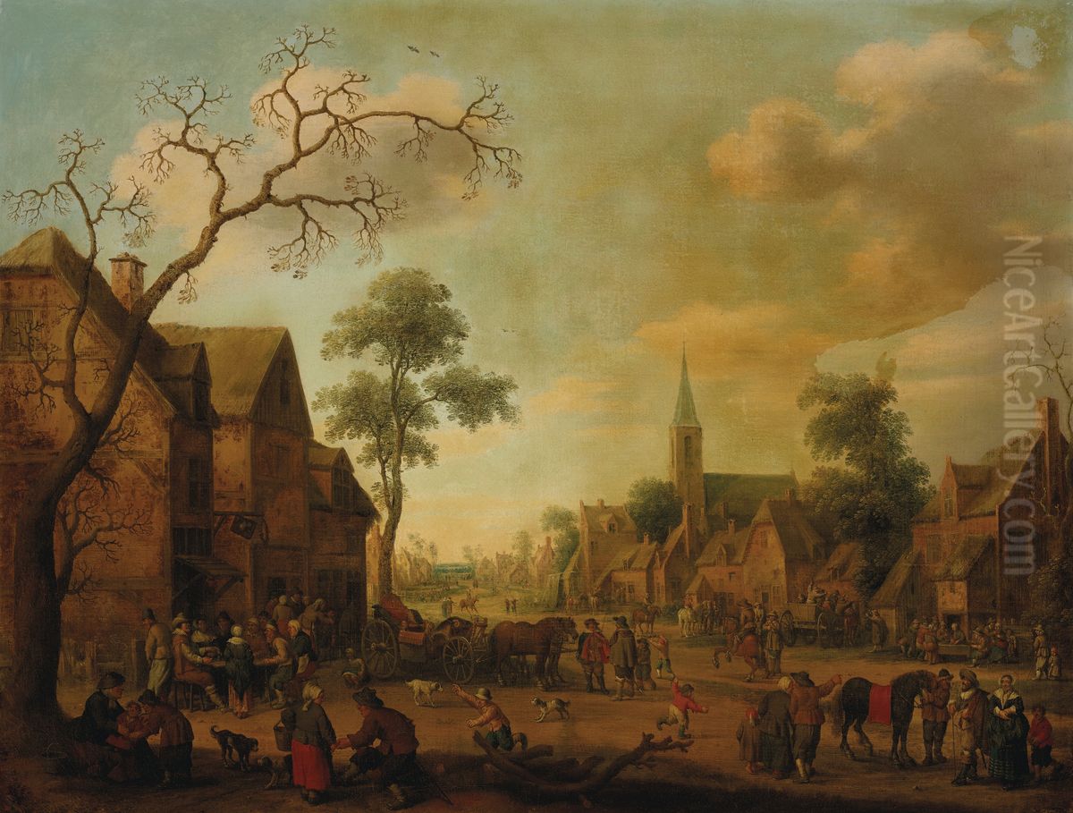 A village with townsfolk gathered in the street Oil Painting by unknown