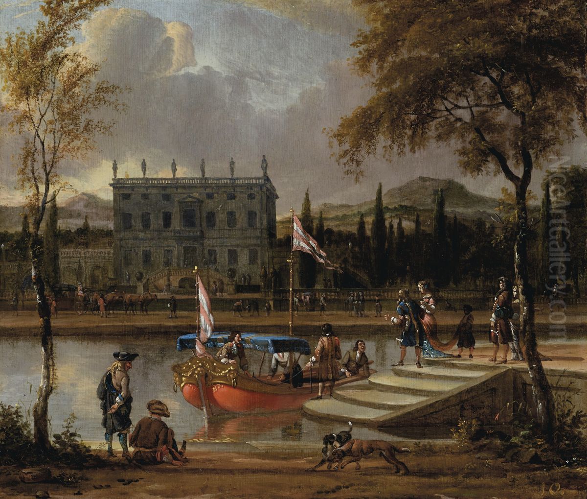 An elegant company embarking onto a barge, a country house beyond Oil Painting by unknown