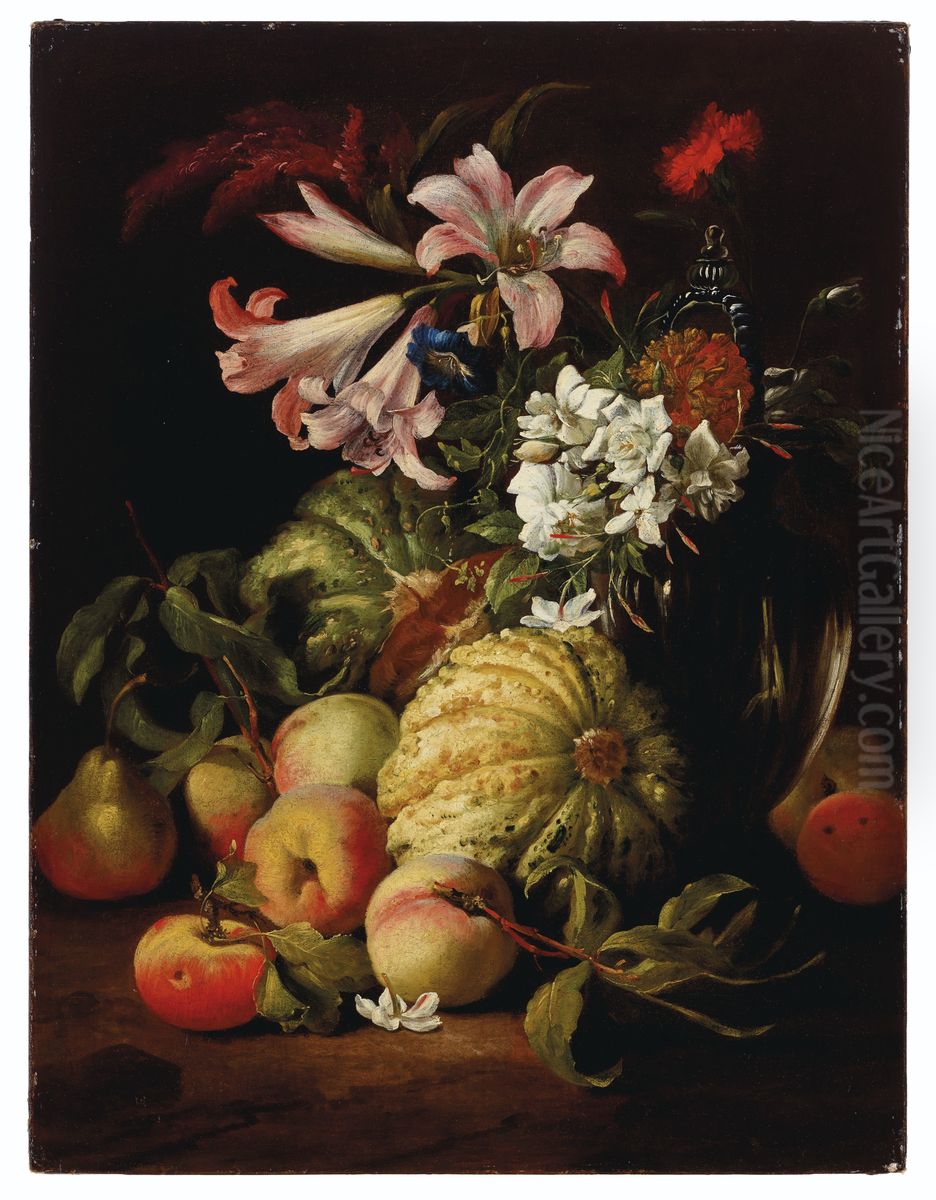 Lilies and other flowers in a glass vase with peaches and melons Oil Painting by Abraham Brueghel