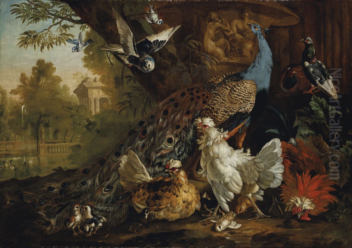 A peacock, chickens, pigeons and other birds in a landscape Oil Painting by unknown