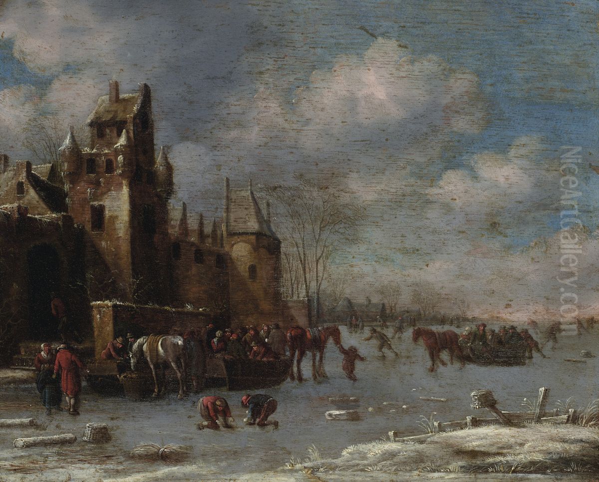 A winter landscape with figures skating, riding sleighs and conversing on the ice Oil Painting by unknown