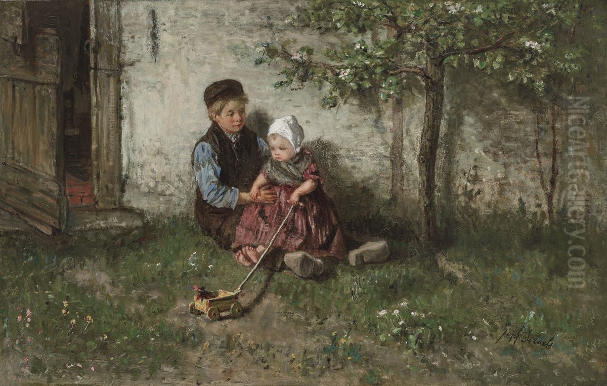 Children Playing with a Toy Wagon Oil Painting by unknown