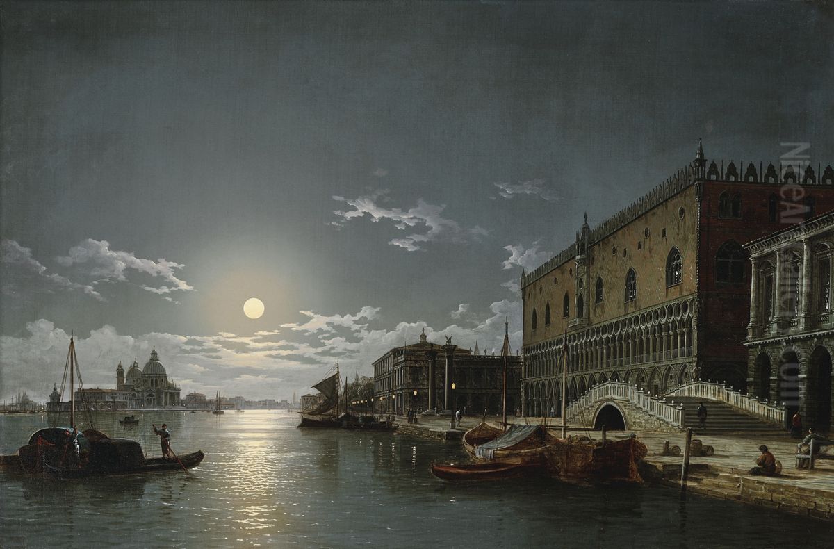 A View of the Bacino di San Marco with the Doge's Palace and the Church of Santa Maria della Salute in the Distance, by Moonlight Oil Painting by Henry Pether