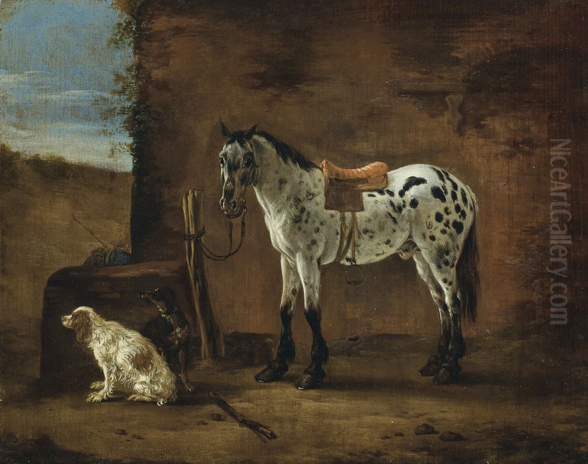 A piebald horse tied to a hitching post and two dogs before an inn Oil Painting by Pieter Cornelisz Verbeeck