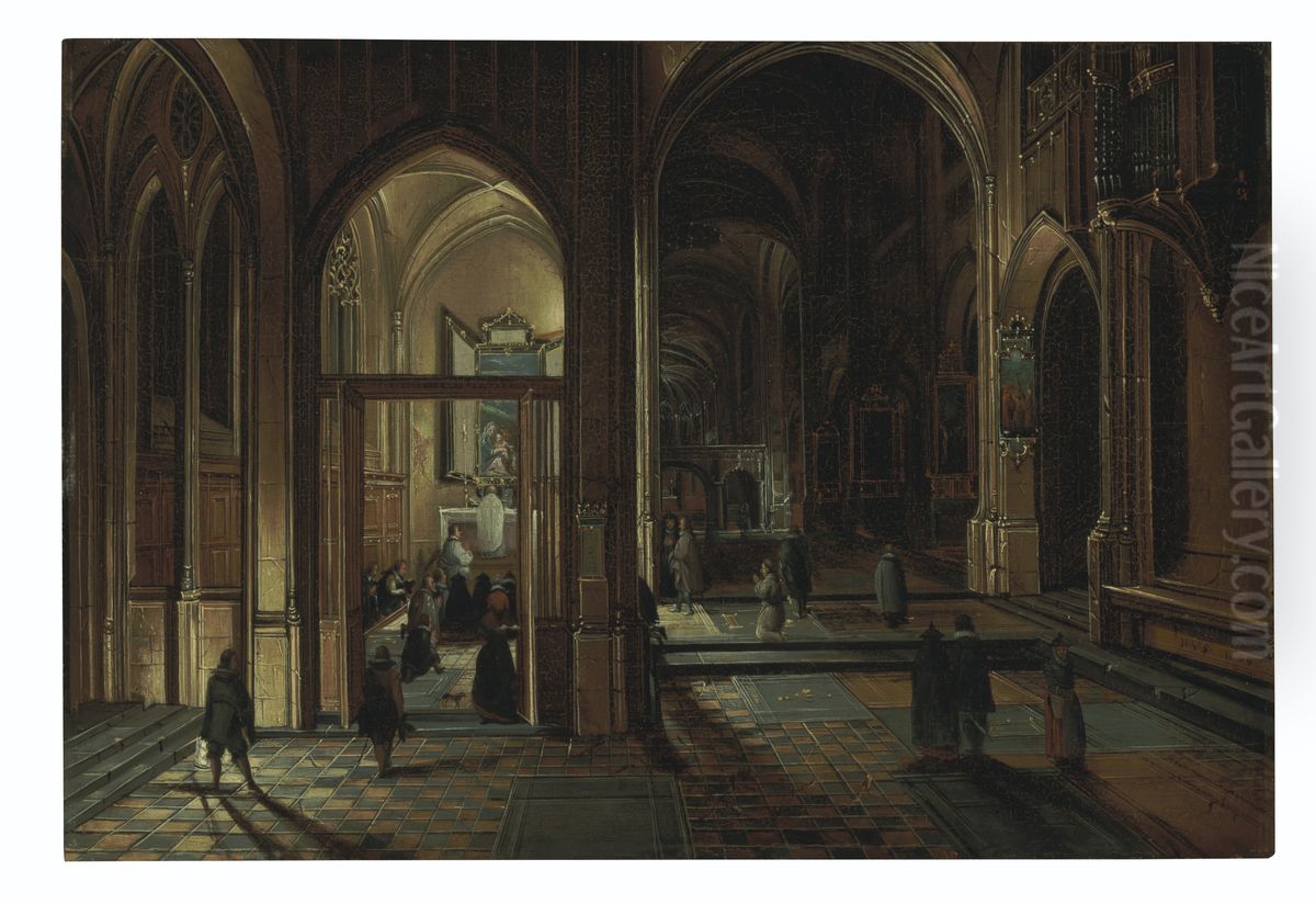 Interior of a cathedral at night with a priest celebrating Mass Oil Painting by Hendrik van Steenwijk II