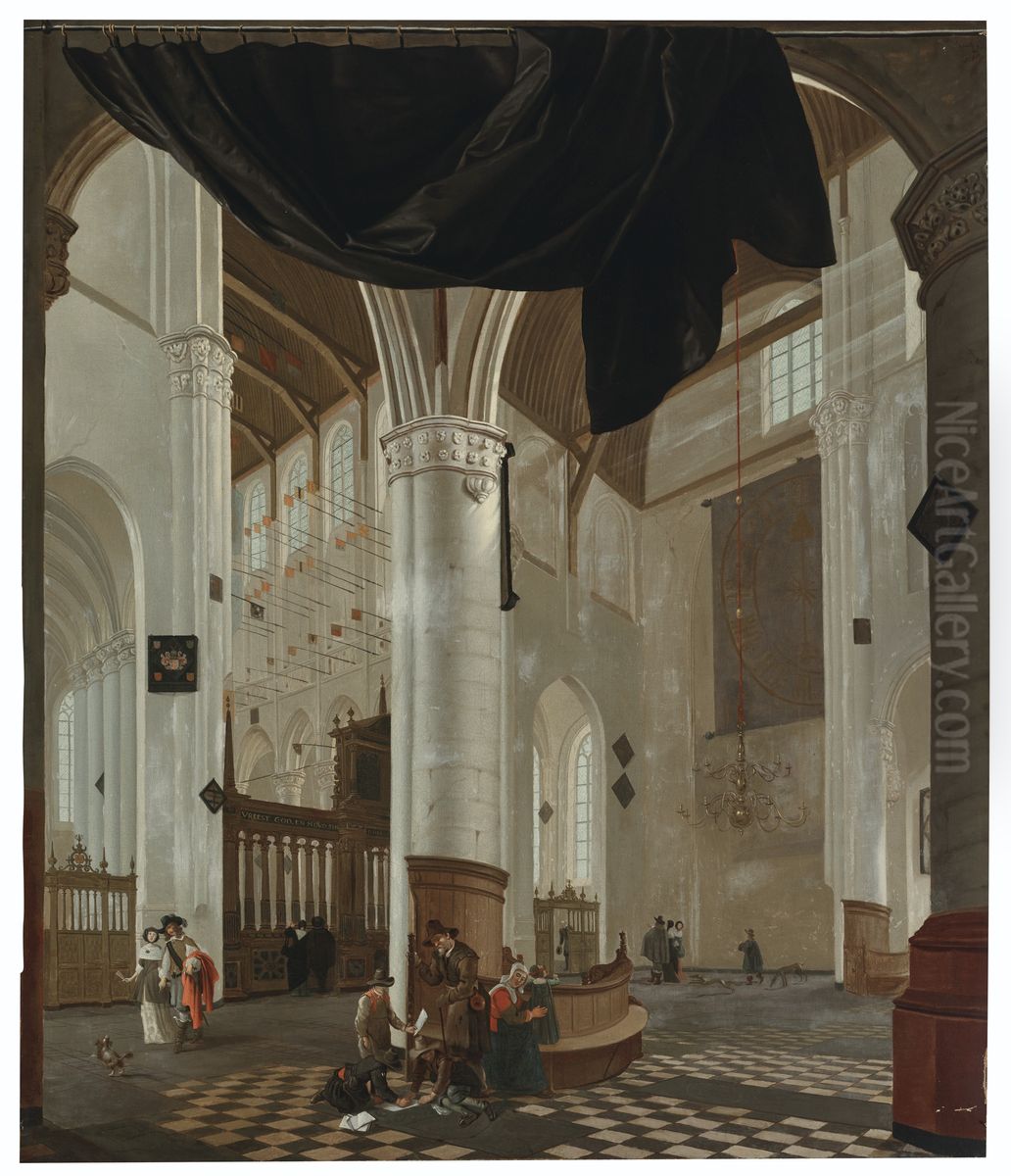 Interior of the Nieuwe Kerk, Delft, with a trompe l'oeil curtain Oil Painting by Cornelis De Man