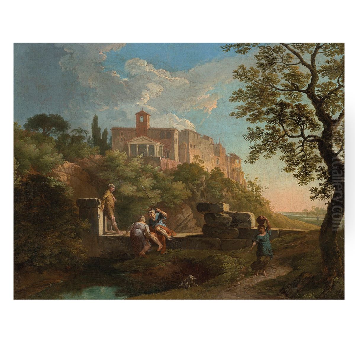 An Italianate landscape with figures resting by a wall, a town in the distance Oil Painting by Andrea Locatelli