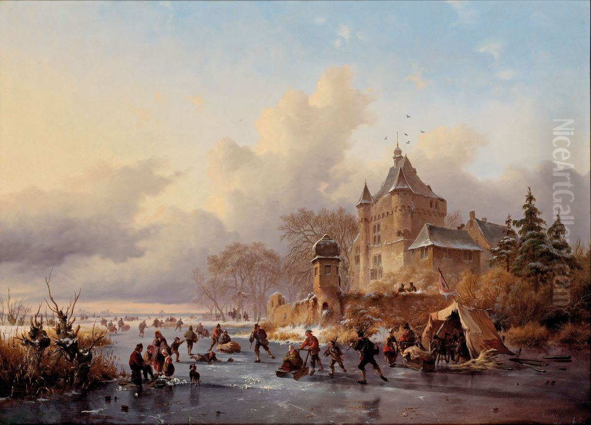 A winter landscape with activites on the ice near a castle Oil Painting by Fredrik Marinus Kruseman