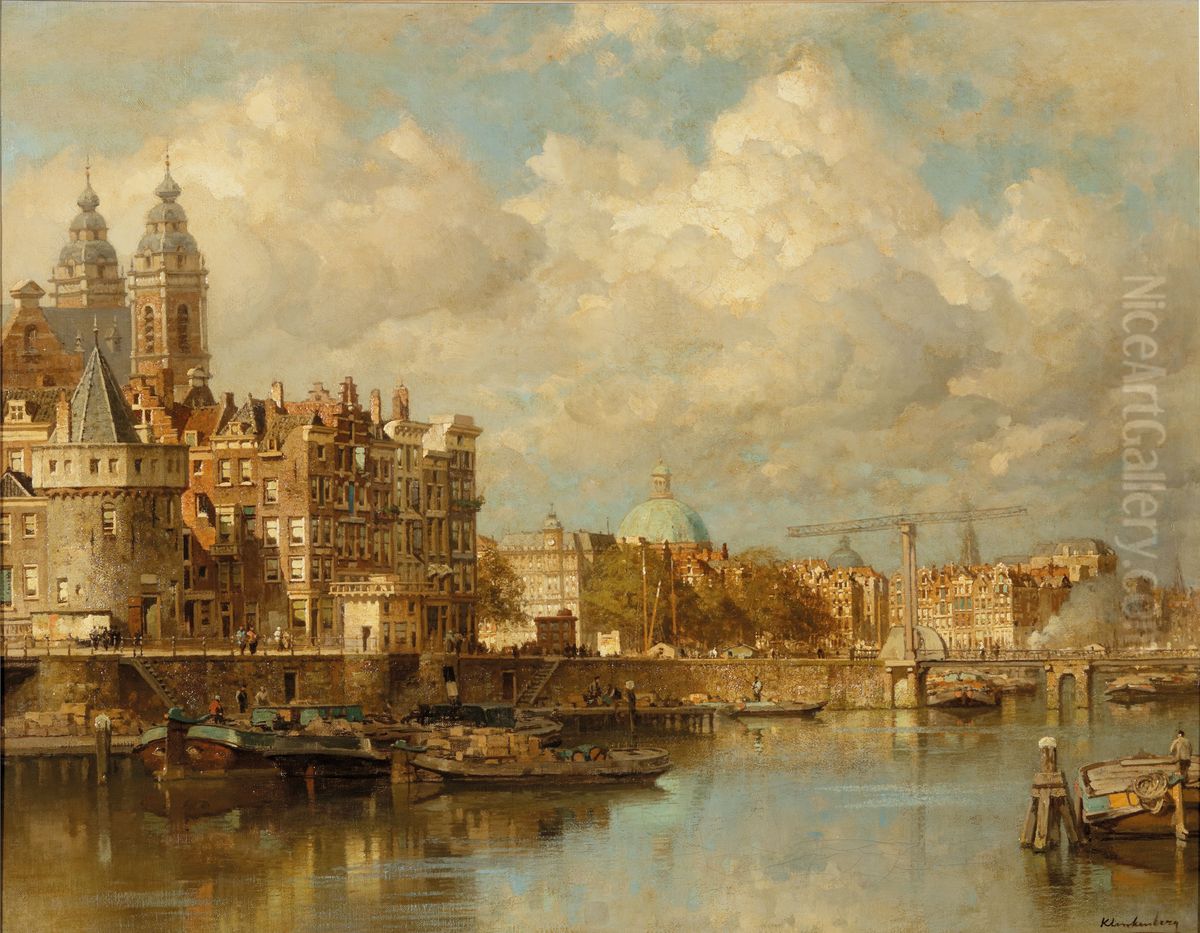 A view of the Prins Hendrikkade with the St Nicolaas Church, he Schreierstoren and the Lutherian church, Amsterdam Oil Painting by Johannes Christiaan Karel Klinkenberg