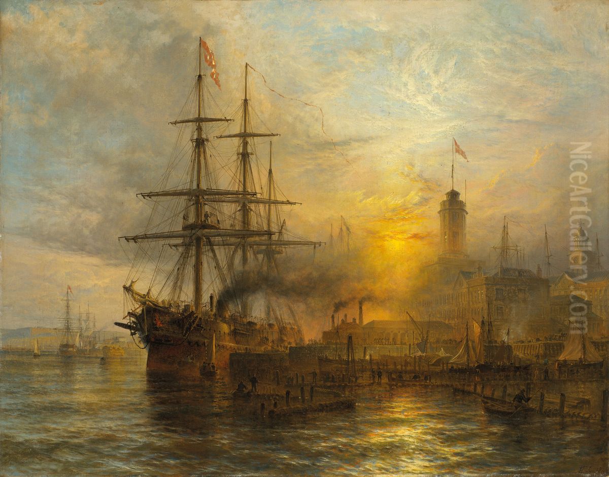 A Danish steamer moored alongside a busy dock Oil Painting by Henry Thomas Dawson