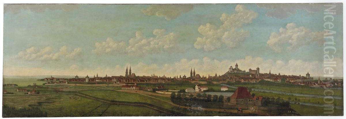 Nuremberg from the south-east, with the St. Lorenz Kirche, the Sebalduskirche and the Kaiserburg Oil Painting by unknown