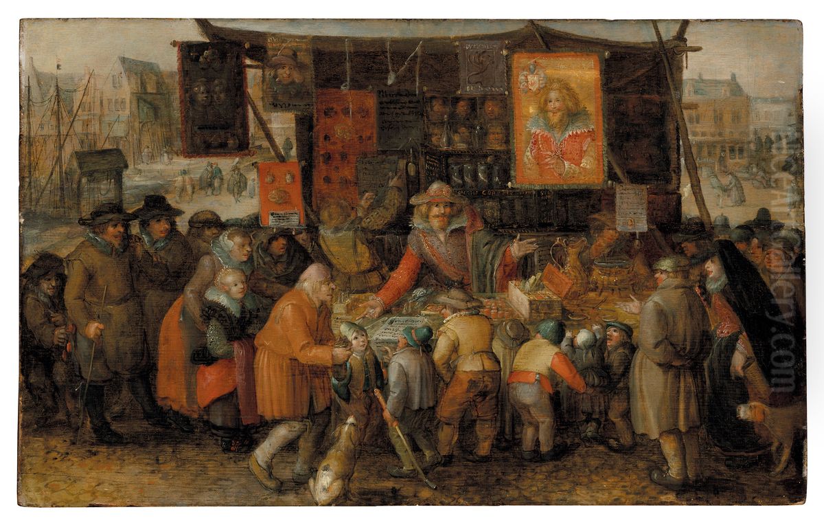 A quack selling potions and remedies in a square Oil Painting by David Vinckboons I