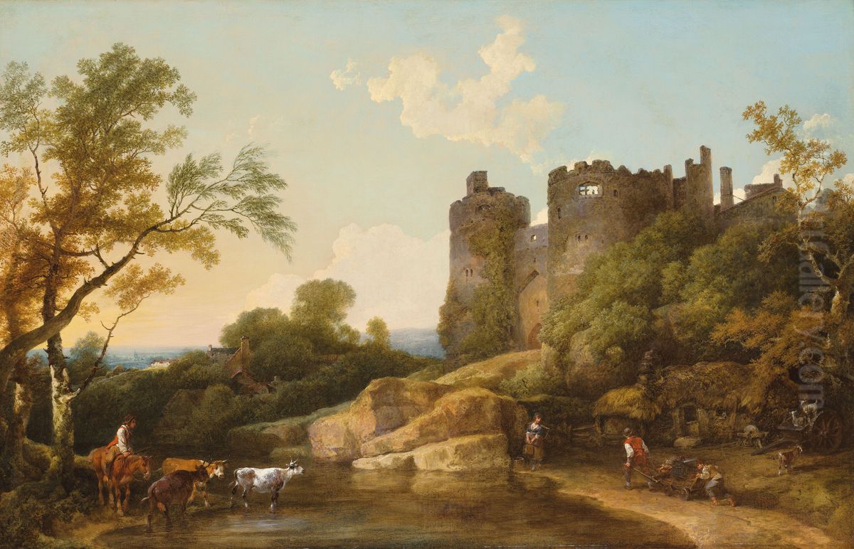 View of Harlech Castle, with peasants beside a lake Oil Painting by Philip James de Loutherbourg