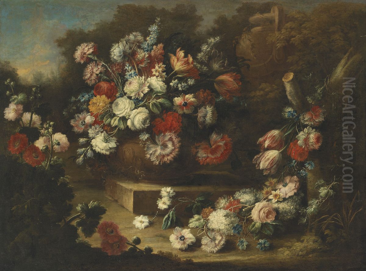 Flowers in an ornamental urn in a landscape Oil Painting by Gasparo Lopez