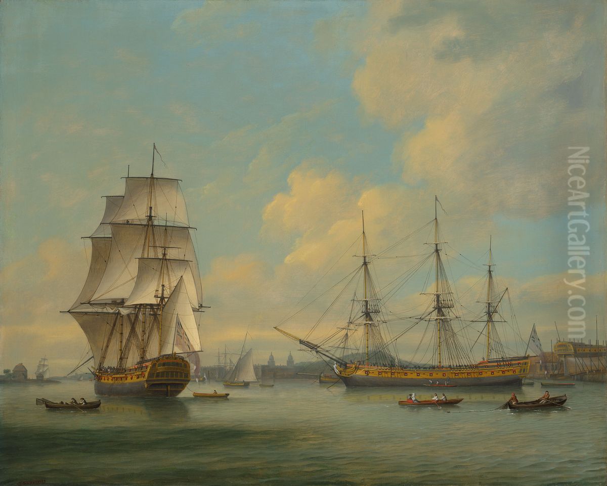 An East Indiaman in two positions off Deptford dockyard, with Greenwich beyond Oil Painting by Thomas Luny