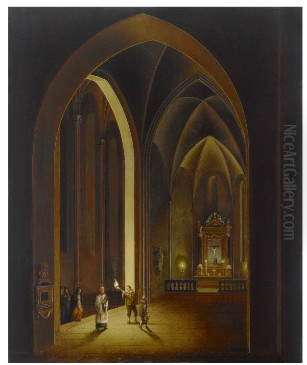 CANDLELIT CHURCH INTERIOR Oil Painting by Johann Ludwig Ernst Morgenstern