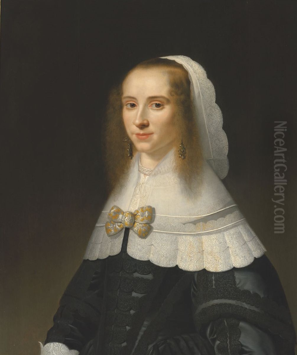 Portrait of a lady, in a black dress and lace collar Oil Painting by Jacob Willemsz Delff the Younger