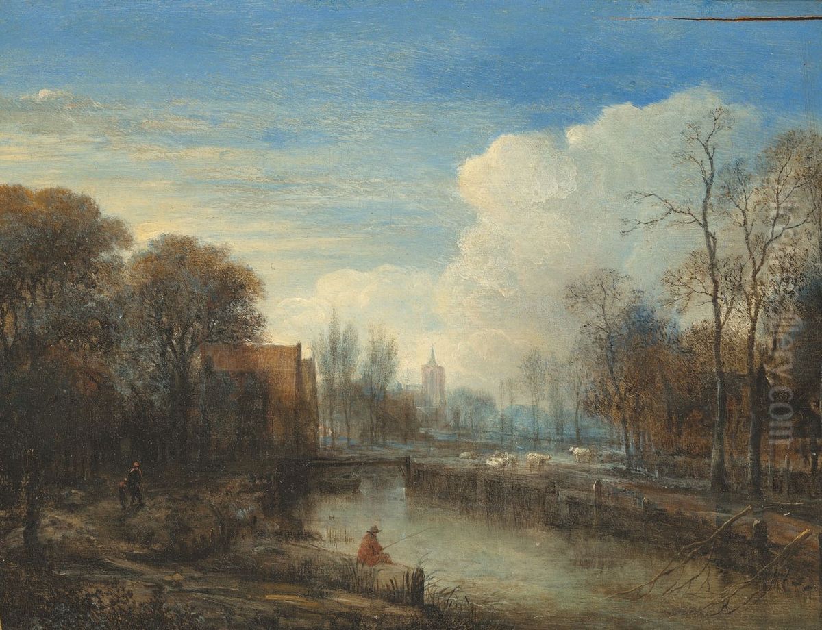 A river landscape, with an angler and sheep on the banks Oil Painting by Aert van der Neer