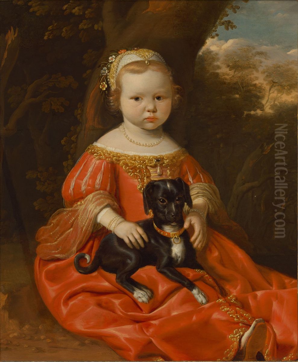Portrait of a young girl in a red dress with her dog in a landscape Oil Painting by Jan de Stomme