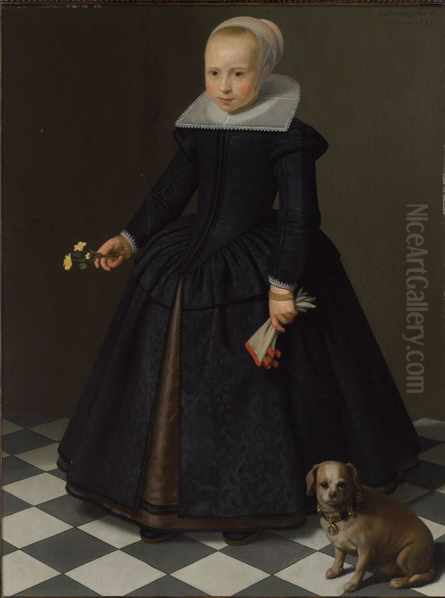 Portrait of a girl, full-length, in a black dress, holding a glove and some buttercups, with a dog Oil Painting by Dirck van Santvoort