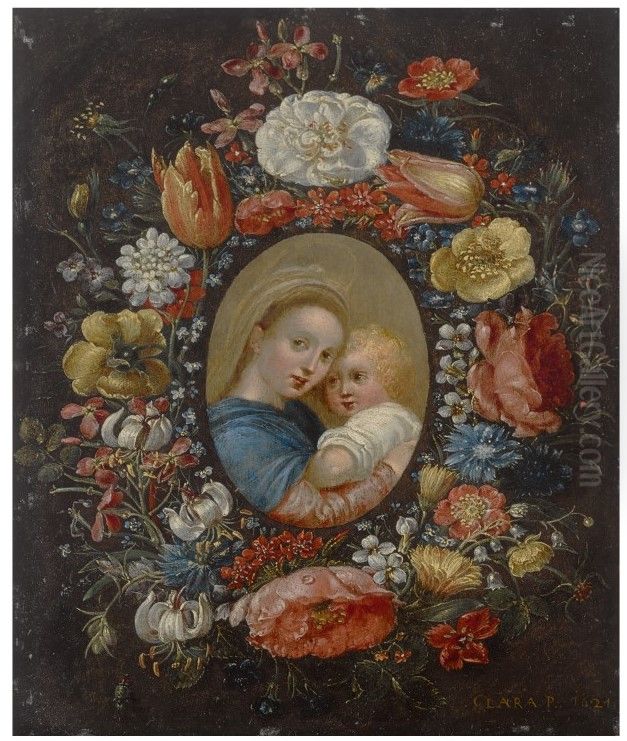 MADONNA AND CHILD WITHIN A FLORAL WREATH Oil Painting by Clara Peeters