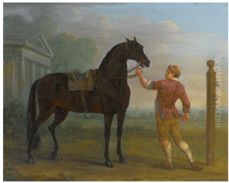 A DARK BAY STALLION, POSSIBLY THE BYERLEY TURK, HELD BY A GROOM IN A LANDSCAPE Oil Painting by John Wootton