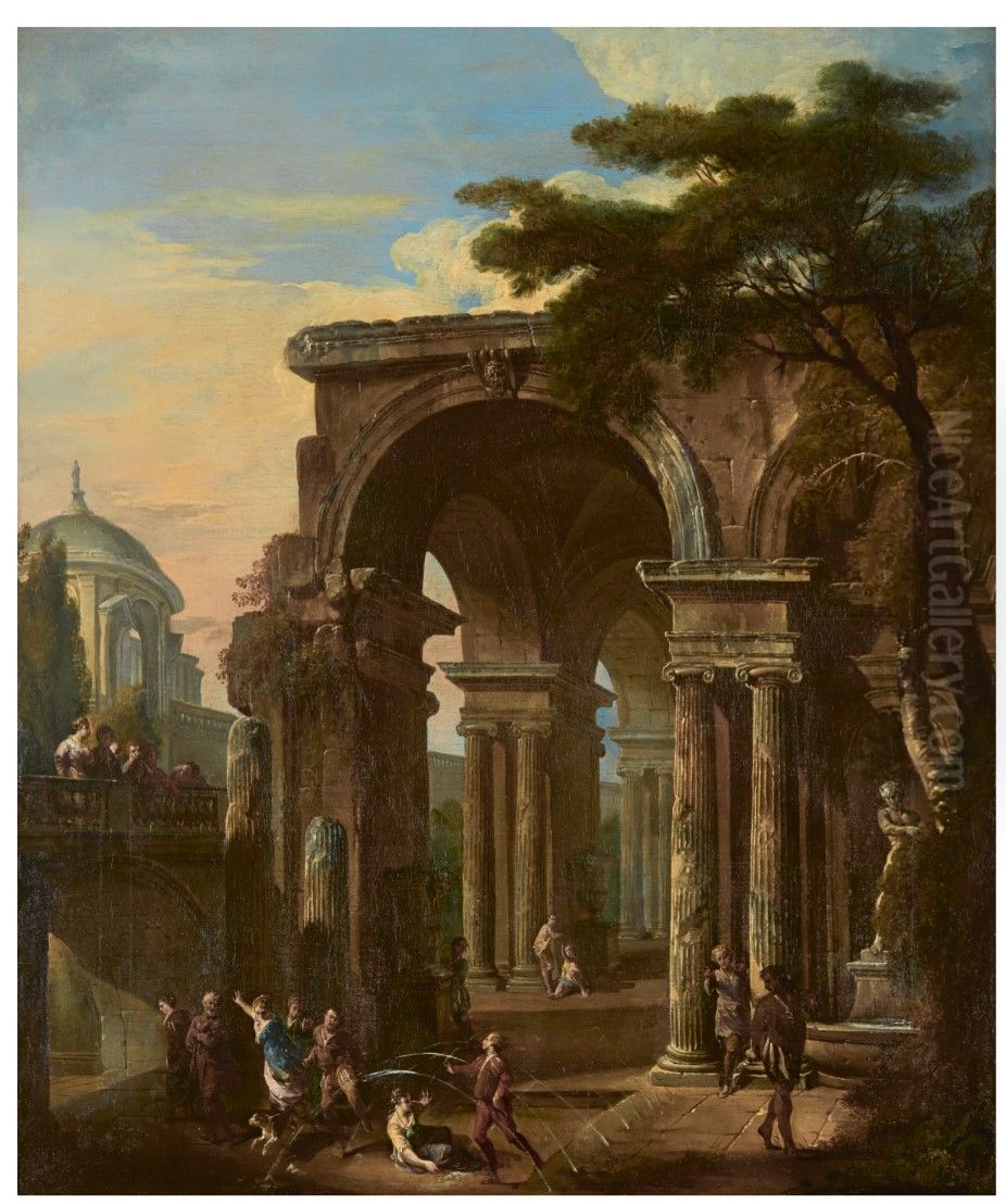 FIGURES_AMONG_ROMAN_RUINS Oil Painting by Giovanni Paolo Panini