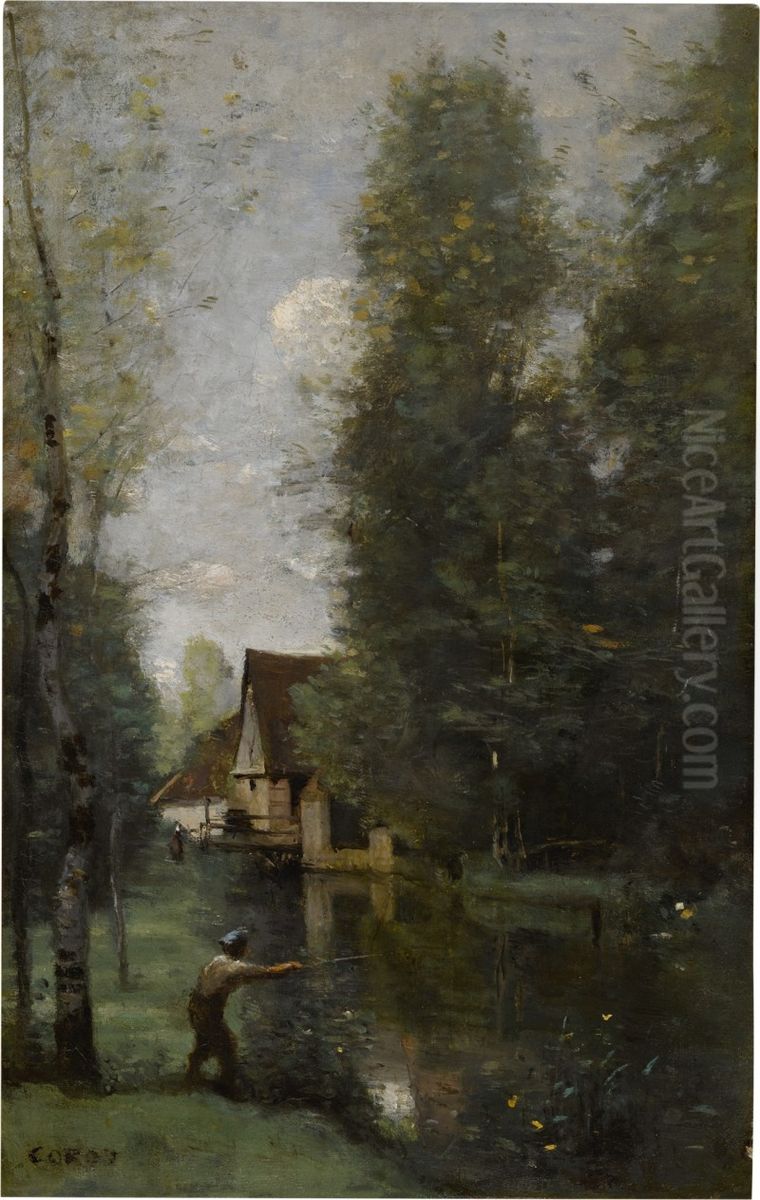 COURS D'EAU AUX ABORDS D'UN MOULIN Oil Painting by Jean-Baptiste Camille Corot