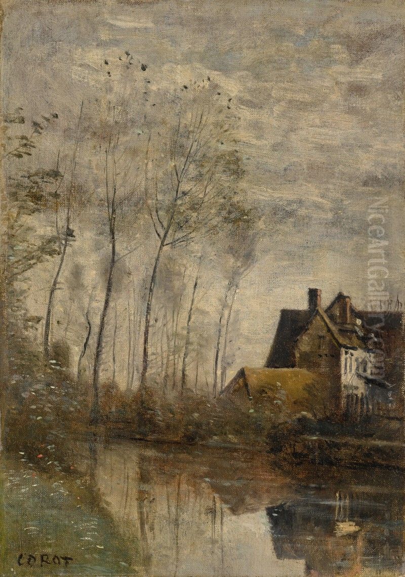 UN COIN DE RIVIERE AVEC MAISONS ET PEUPLIERS Oil Painting by Jean-Baptiste Camille Corot